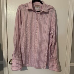 Thomas Pink‎ Shirt Mens 16.5 Pink Stripe French Cuff Dress Button Up Long Sleeve